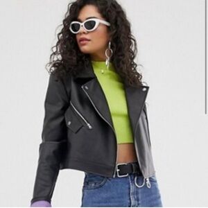 Collusion ASOS black faux leather cropped jacket biker motto